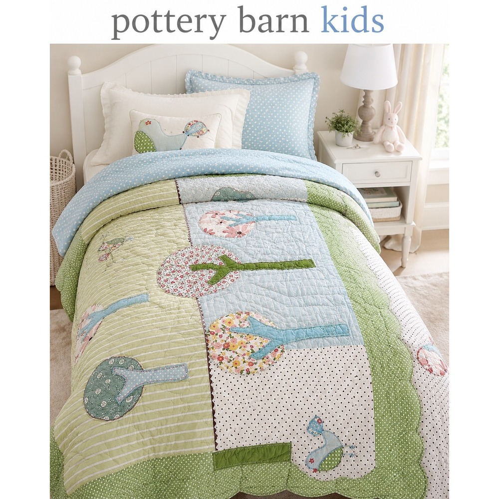 RARE Pottery Barn Kids Brooke Quilt Twin Tree & Bird Applique Cottagecore